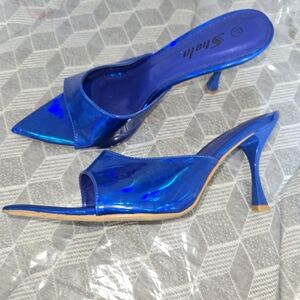 SHEIN Shiny Blue Heeled Mules